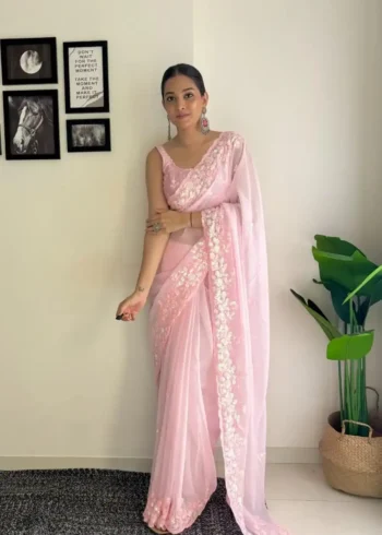Soft Georgette C pallu Sequins Embroidered Party Wear Saree