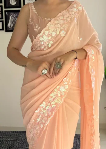 Soft Georgette C pallu Sequins Embroidered Party Wear Saree