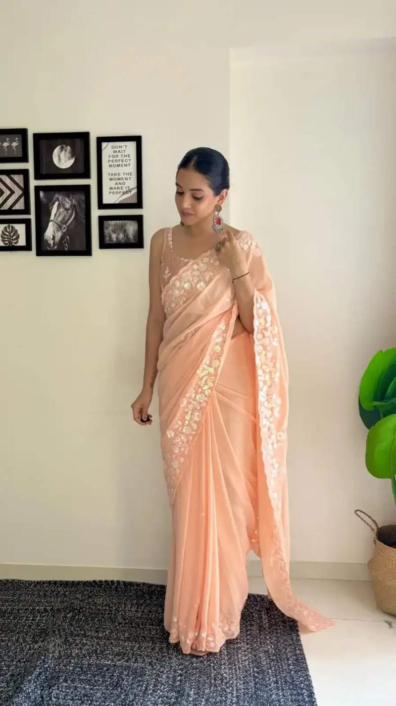Soft Georgette C pallu Sequins Embroidered Party Wear Saree