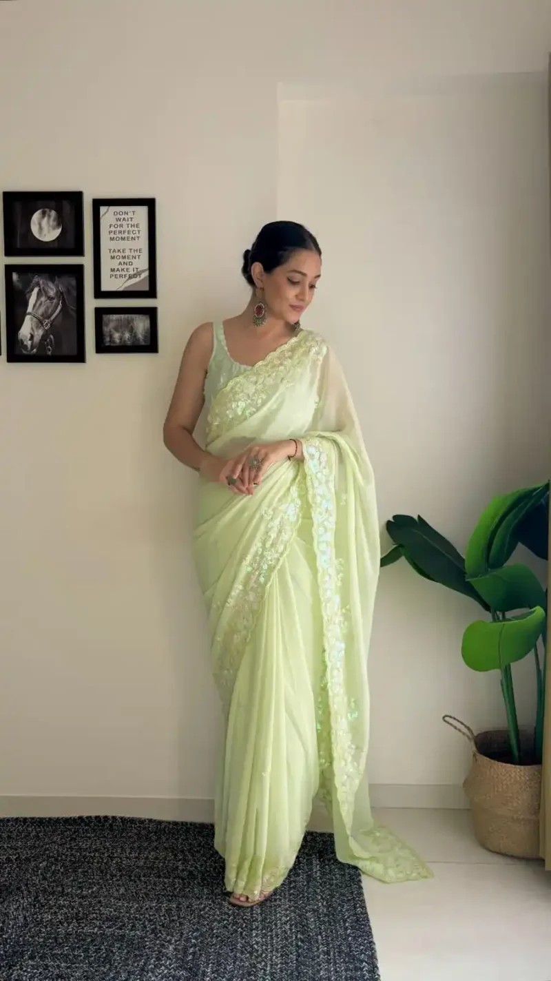Soft Georgette C pallu Sequins Embroidered Party Wear Saree