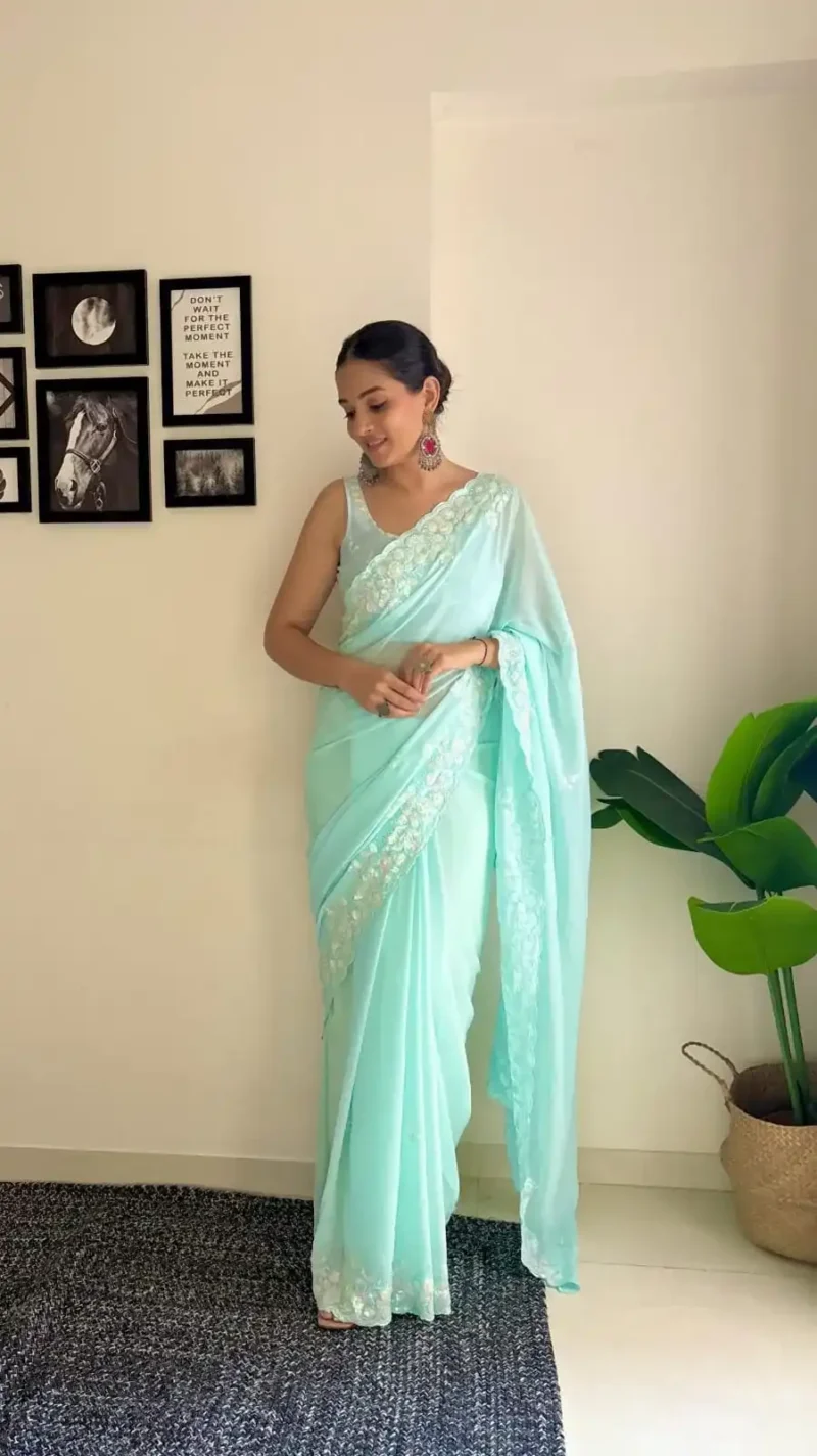 Soft Georgette C pallu Sequins Embroidered Party Wear Saree