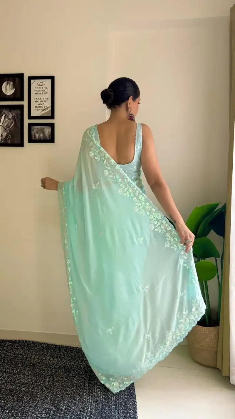 Soft Georgette C pallu Sequins Embroidered Party Wear Saree