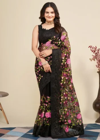 Soft Net Chikankari Embroidery Work Designer Saree