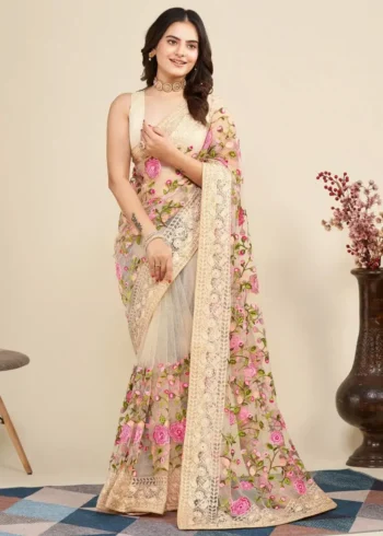Soft Net Chikankari Embroidery Work Designer Saree