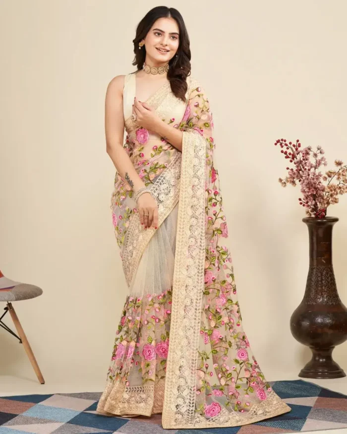 Soft Net Chikankari Embroidery Work Designer Saree