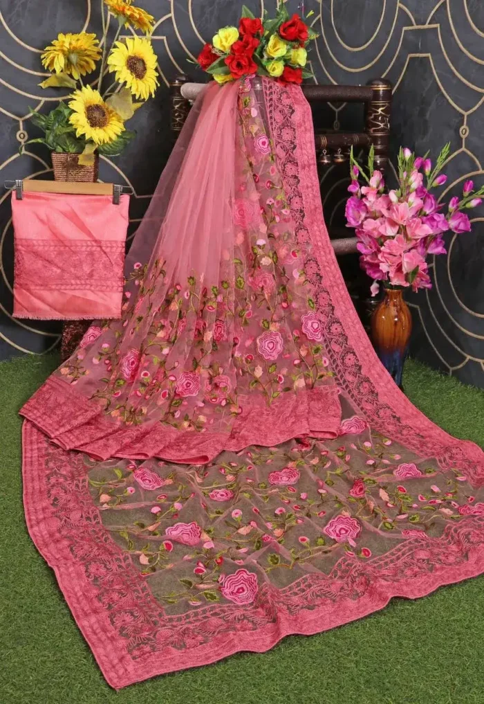 Soft Net Chikankari Embroidery Work Designer Saree