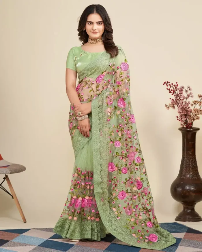 Soft Net Chikankari Embroidery Work Designer Saree