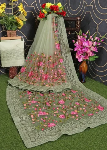 Soft Net Chikankari Embroidery Work Designer Saree