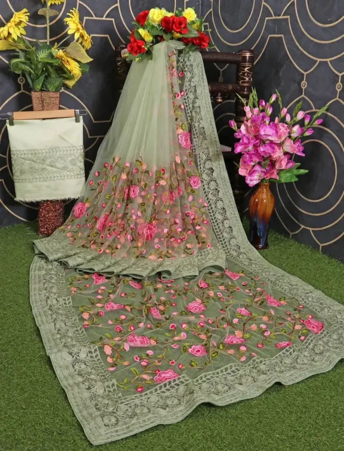 Soft Net Chikankari Embroidery Work Designer Saree