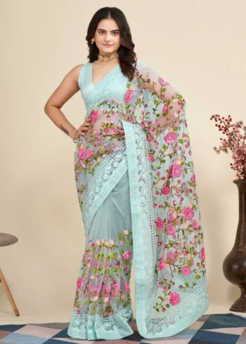 Soft Net Chikankari Embroidery Work Designer Saree
