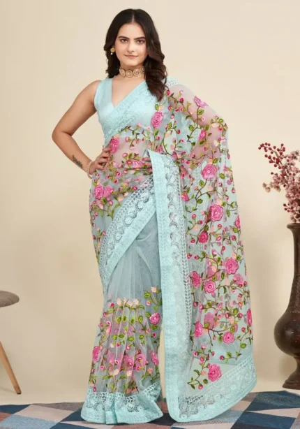 Soft Net Chikankari Embroidery Work Designer Saree