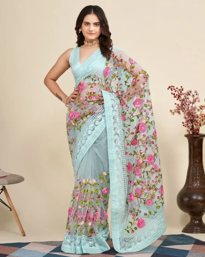 Soft Net Chikankari Embroidery Work Designer Saree