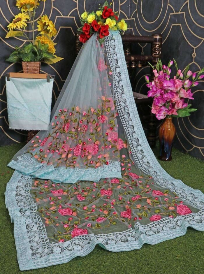 Soft Net Chikankari Embroidery Work Designer Saree