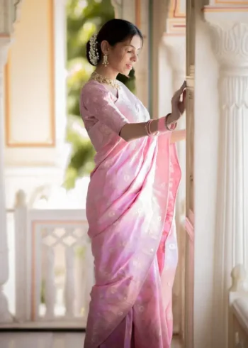 baby pink colour Solid Jacquard Weave Banarasi Silk Saree Collection