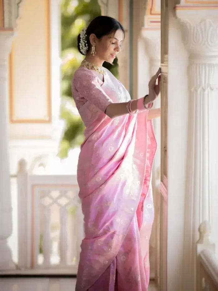 baby pink colour Solid Jacquard Weave Banarasi Silk Saree Collection