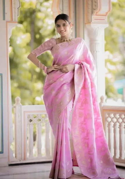 baby pink Solid Jacquard Weave Banarasi Silk Saree Collection