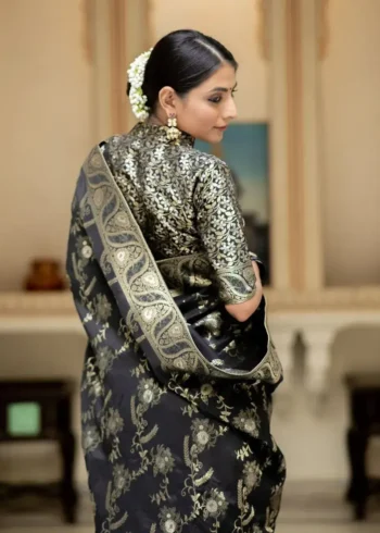 black colour Solid Jacquard Weave Banarasi Silk Saree Collection