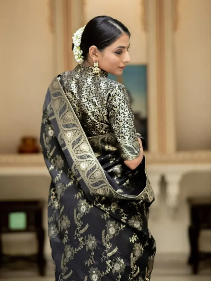 black colour Solid Jacquard Weave Banarasi Silk Saree Collection