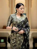 black colour Solid Jacquard Weave Banarasi Silk Saree Collection