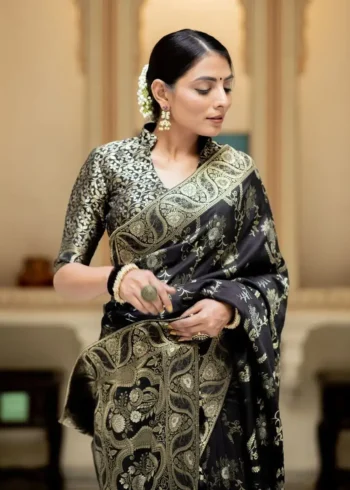 black colour Solid Jacquard Weave Banarasi Silk Saree Collection