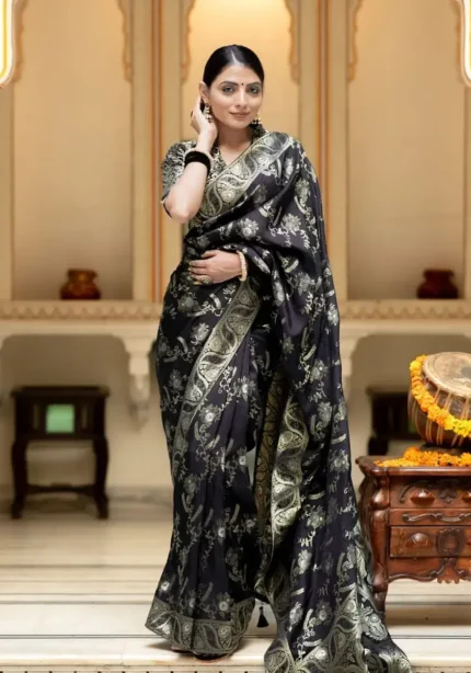 black colour Solid Jacquard Weave Banarasi Silk Saree Collection