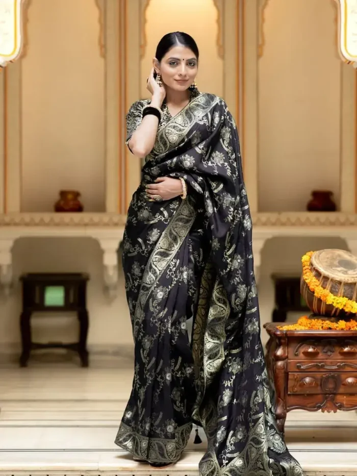 black colour Solid Jacquard Weave Banarasi Silk Saree Collection