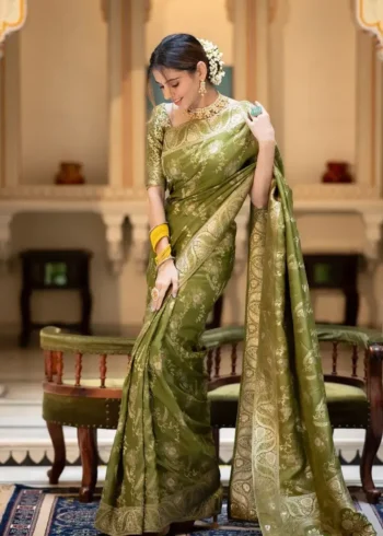 green colour Solid Jacquard Weave Banarasi Silk Saree Collection