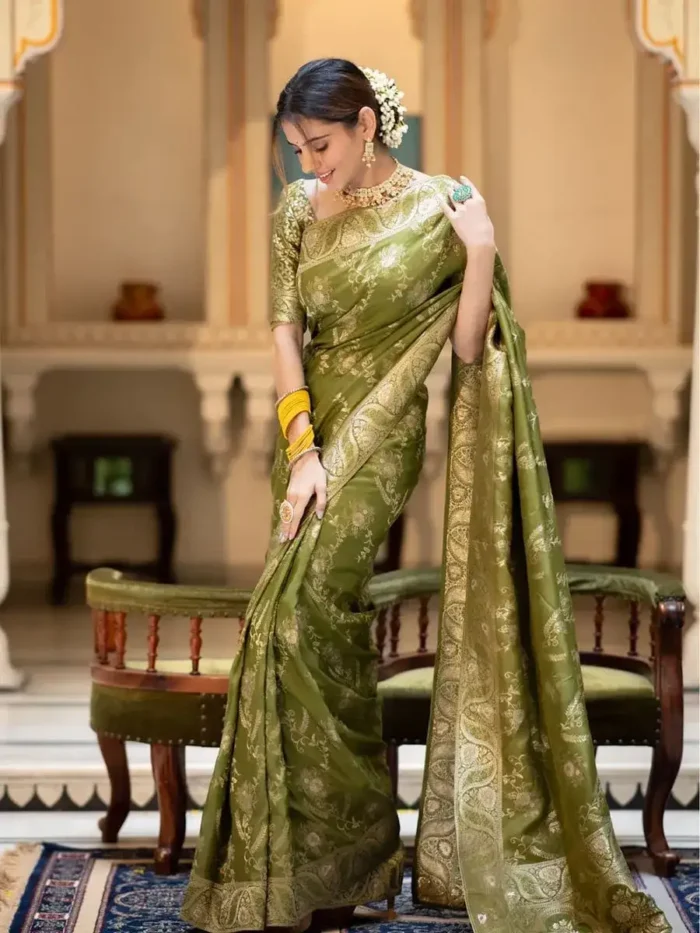 green colour Solid Jacquard Weave Banarasi Silk Saree Collection