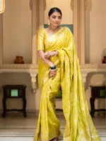 lemon yellow colour Solid Jacquard Weave Banarasi Silk Saree Collection