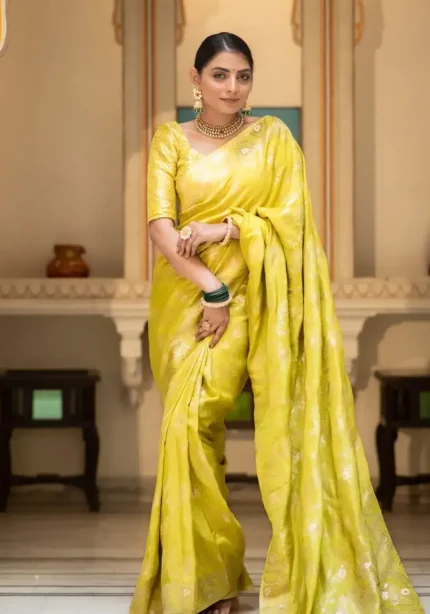 lemon yellow colour Solid Jacquard Weave Banarasi Silk Saree Collection