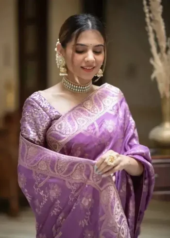 lavender colour Solid Jacquard Weave Banarasi Silk Saree Collection