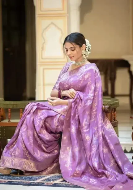 lavender colour Solid Jacquard Weave Banarasi Silk Saree Collection