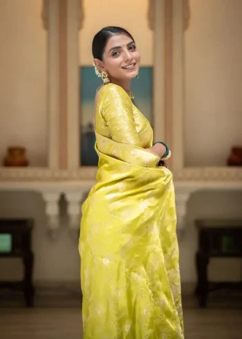 lemon yellow Solid Jacquard Weave Banarasi Silk Saree Collection