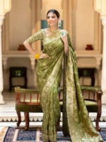 green colour lemon yellow Solid Jacquard Weave Banarasi Silk Saree Collection