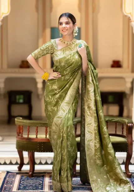 green colour lemon yellow Solid Jacquard Weave Banarasi Silk Saree Collection