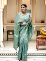 rama colour Solid Jacquard Weave Banarasi Silk Saree Collection