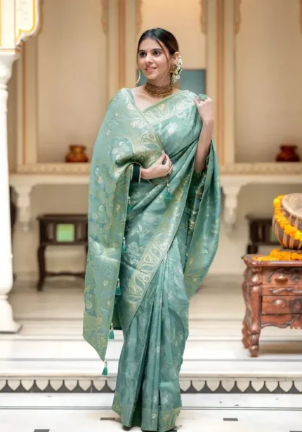 rama colour Solid Jacquard Weave Banarasi Silk Saree Collection