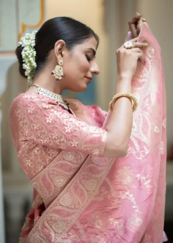 rose pink colour Solid Jacquard Weave Banarasi Silk Saree Collection