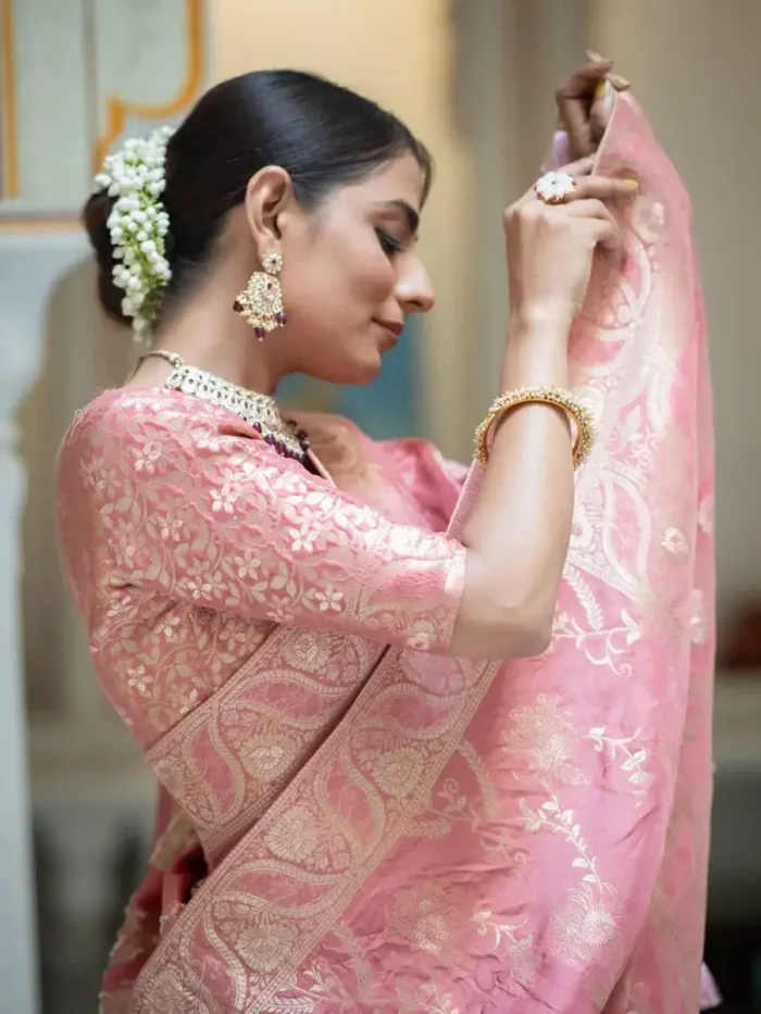 rose pink colour Solid Jacquard Weave Banarasi Silk Saree Collection