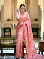 rose pink colour Solid Jacquard Weave Banarasi Silk Saree Collection