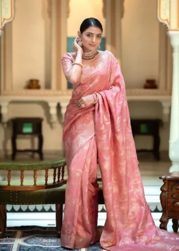 rose pink colour Solid Jacquard Weave Banarasi Silk Saree Collection