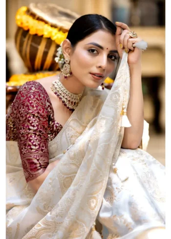 white colour Solid Jacquard Weave Banarasi Silk Saree Collection