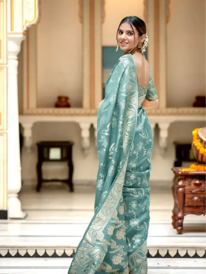 rama colour Solid Jacquard Weave Banarasi Silk Saree Collection