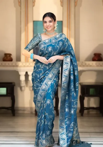 rama blue colour Solid Jacquard Weave Banarasi Silk Saree Collection