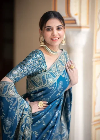 rama blue colour Solid Jacquard Weave Banarasi Silk Saree Collection