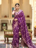 violet colour Solid Jacquard Weave Banarasi Silk Saree Collection