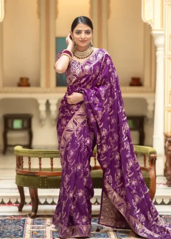 violet colour Solid Jacquard Weave Banarasi Silk Saree Collection