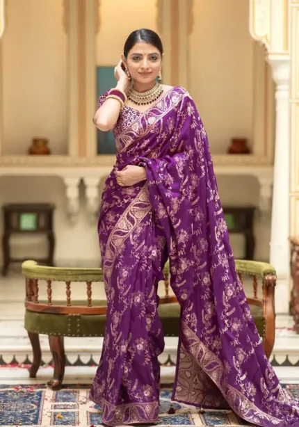 violet colour Solid Jacquard Weave Banarasi Silk Saree Collection