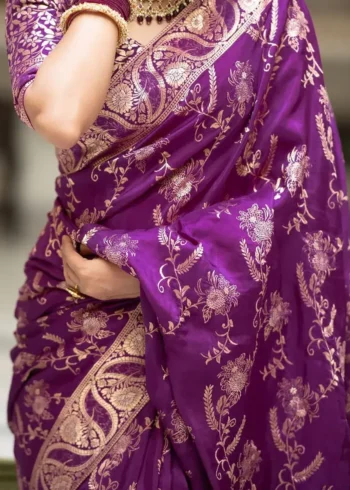violet colour Solid Jacquard Weave Banarasi Silk Saree Collection