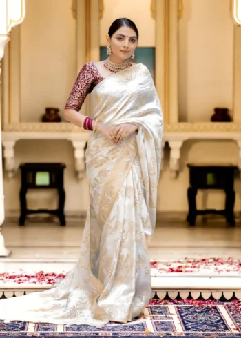 white colour Solid Jacquard Weave Banarasi Silk Saree Collection